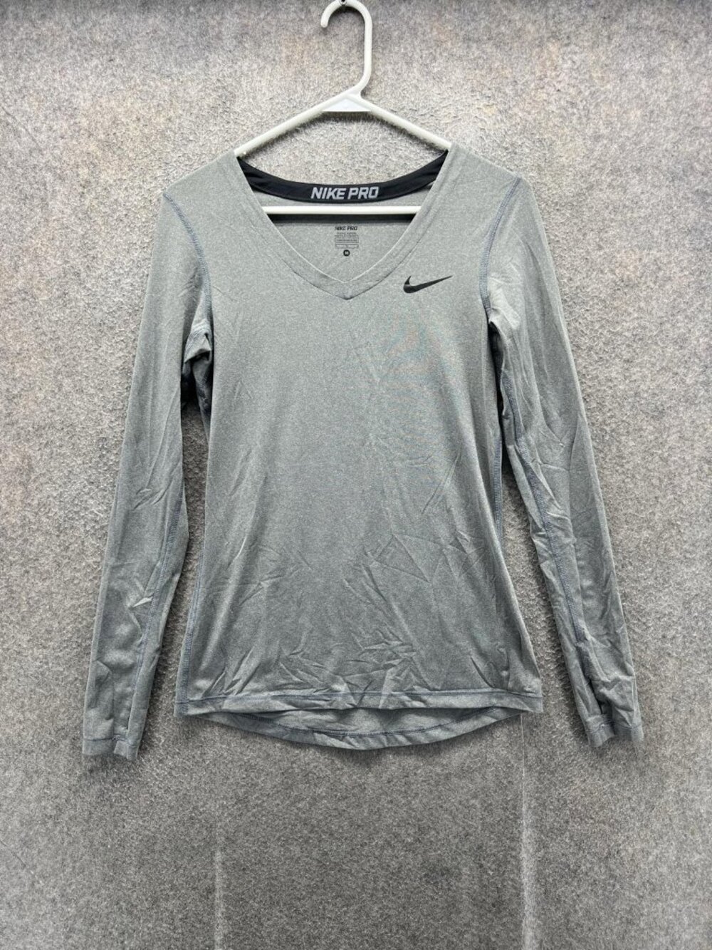 Nike Pro Shirt Womens Medium Gray V-Neck Long Sleeve Athletic Training Top
